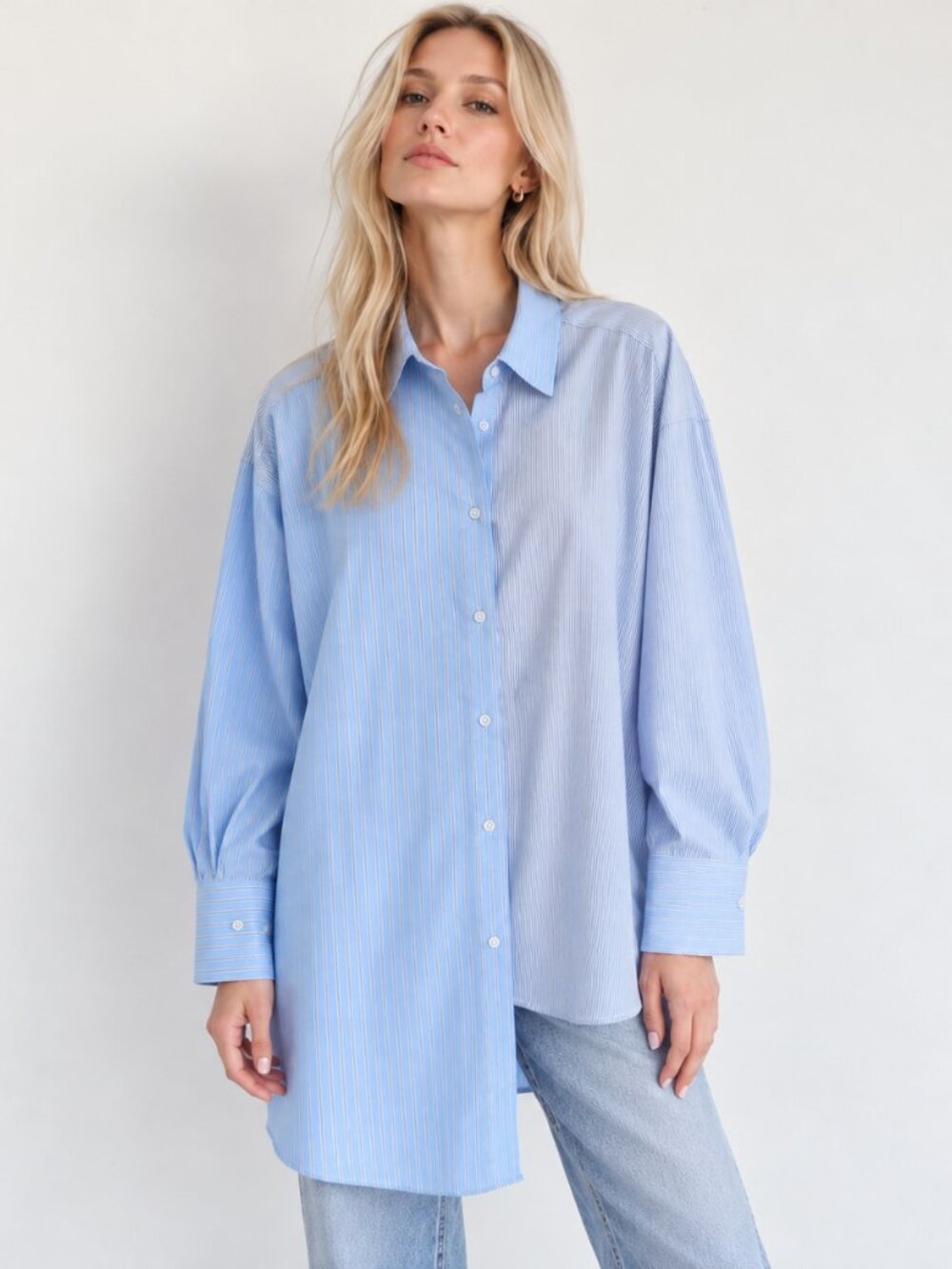 Zara Blue Striped Asymmetrical Colorblock Button Down Shirt Oversized NWT S